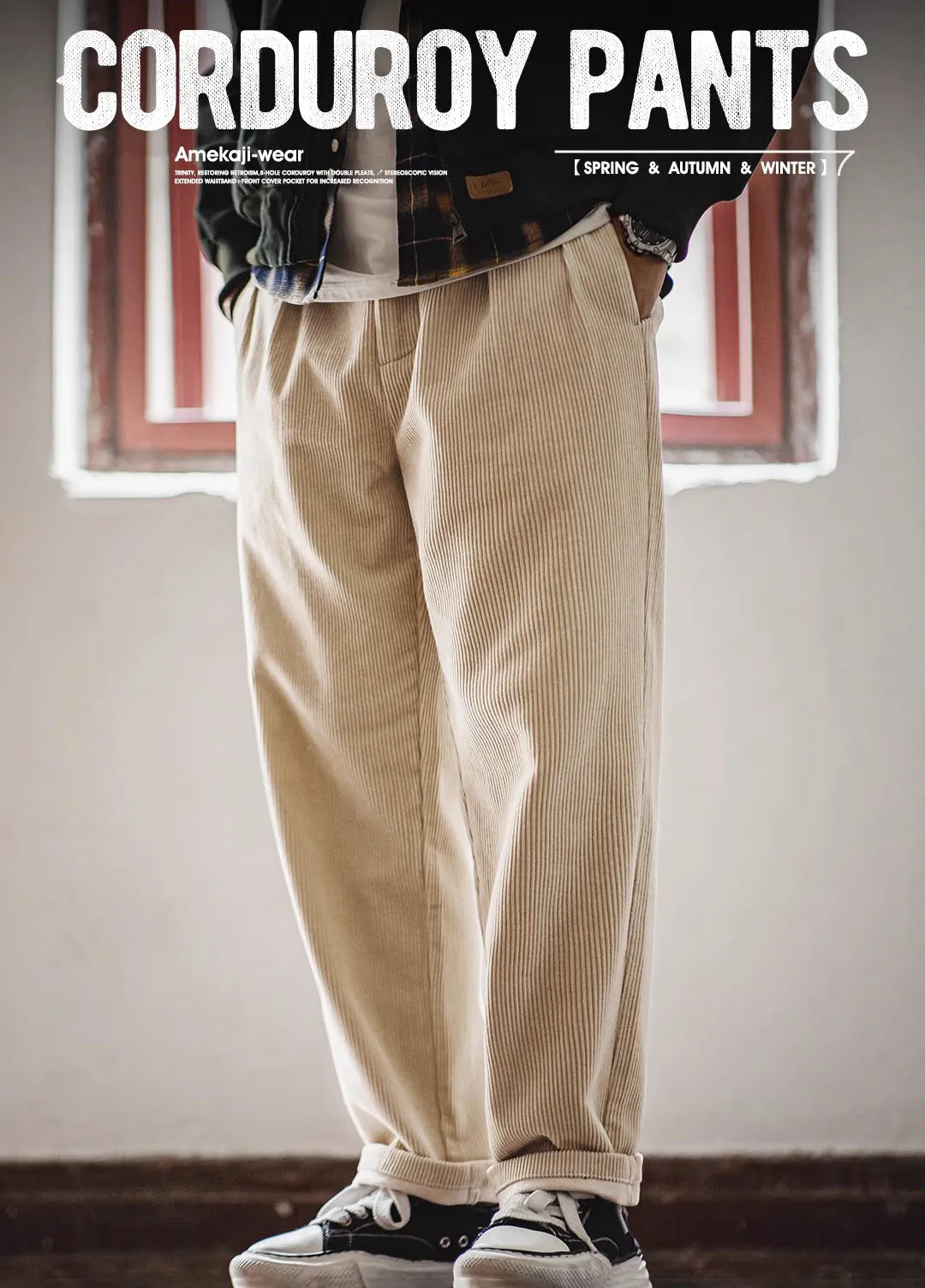 American Retro Heavy Corduroy Double Pleated Drape Cotton Men's Trousers