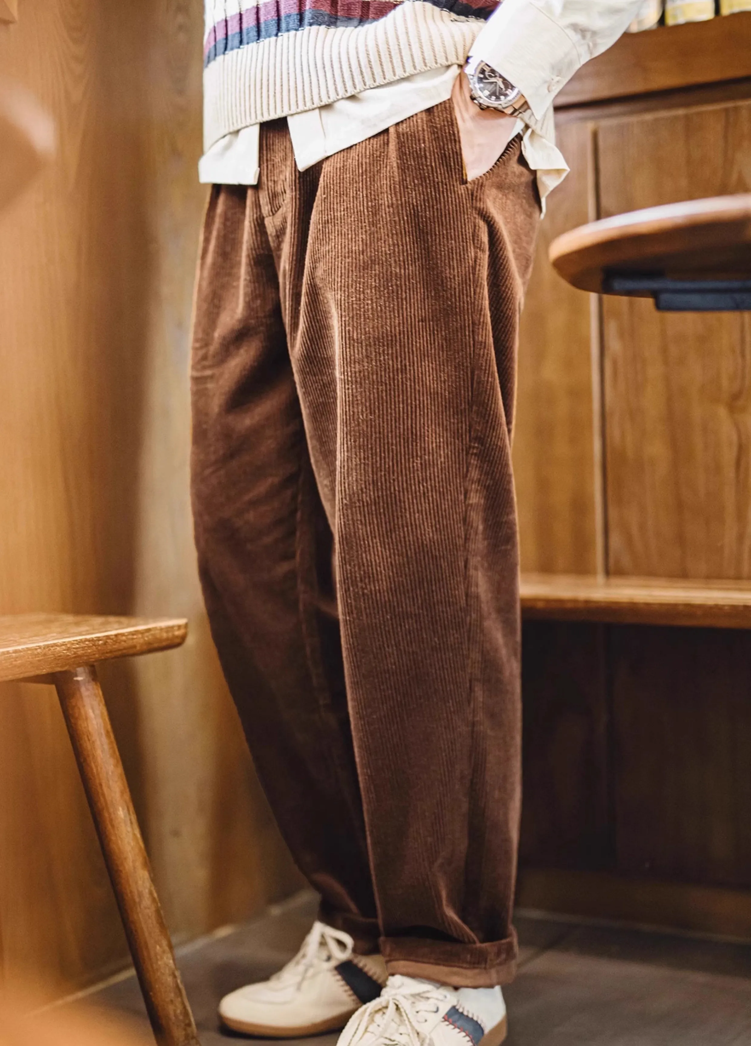 American Retro Heavy Corduroy Double Pleated Drape Cotton Men's Trousers