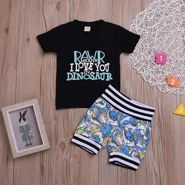 Baby Little Boy Clothes RAWR Means I LOVE YOU IN DINOSAUR T-shirt Printed Shorts 2-Piece Outfits