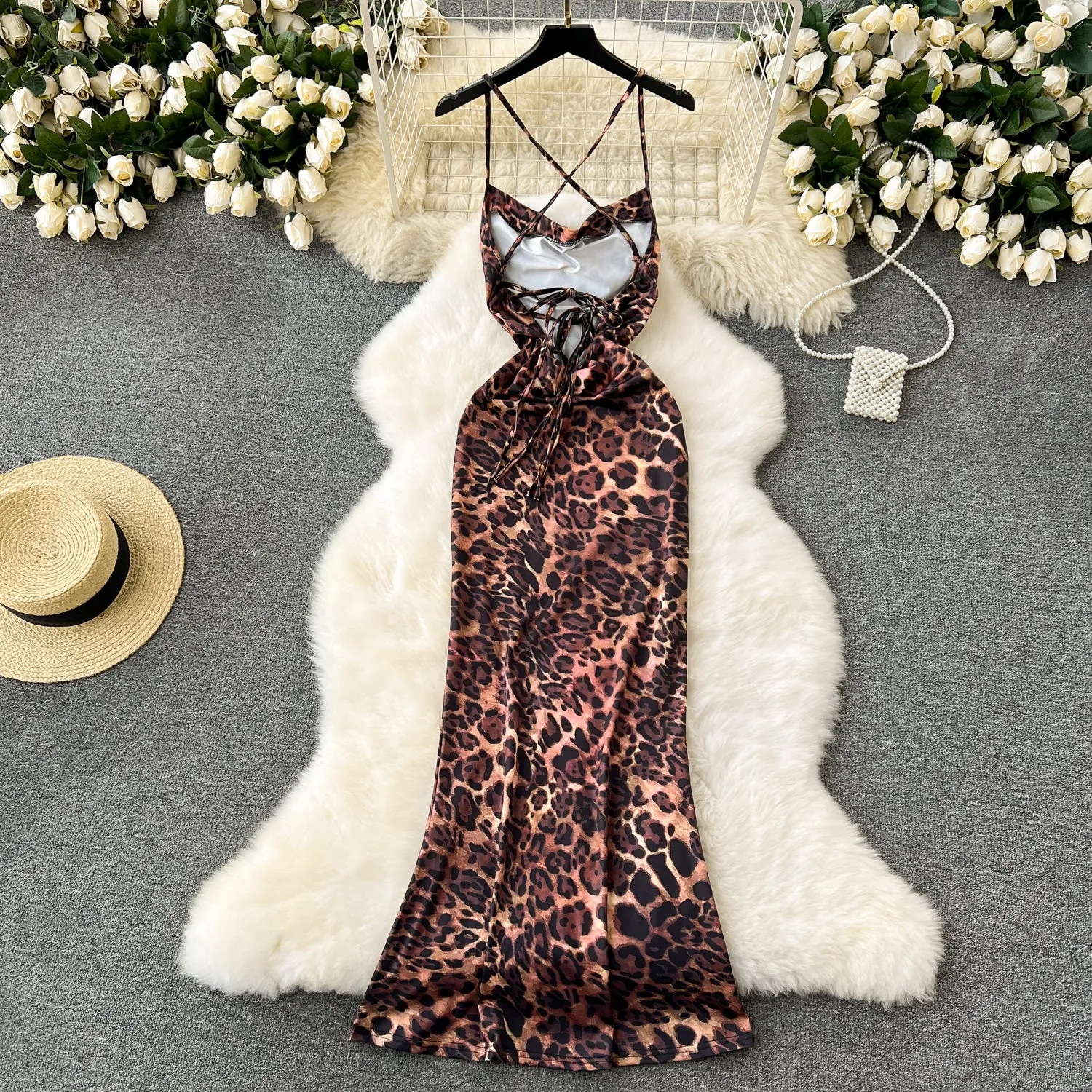 Backless Leopard Printed Slip Dress