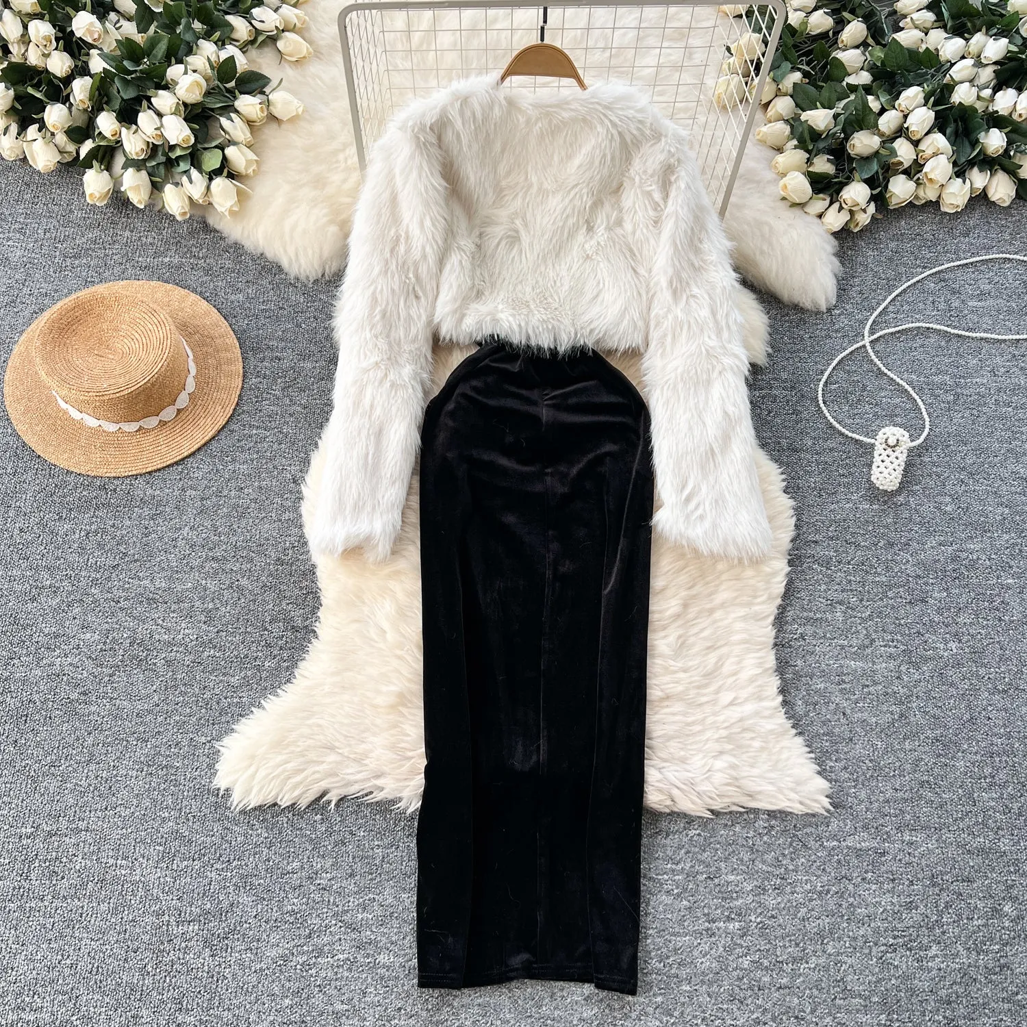 Beaded Velvet Dress&Furry Shawl 2Pcs