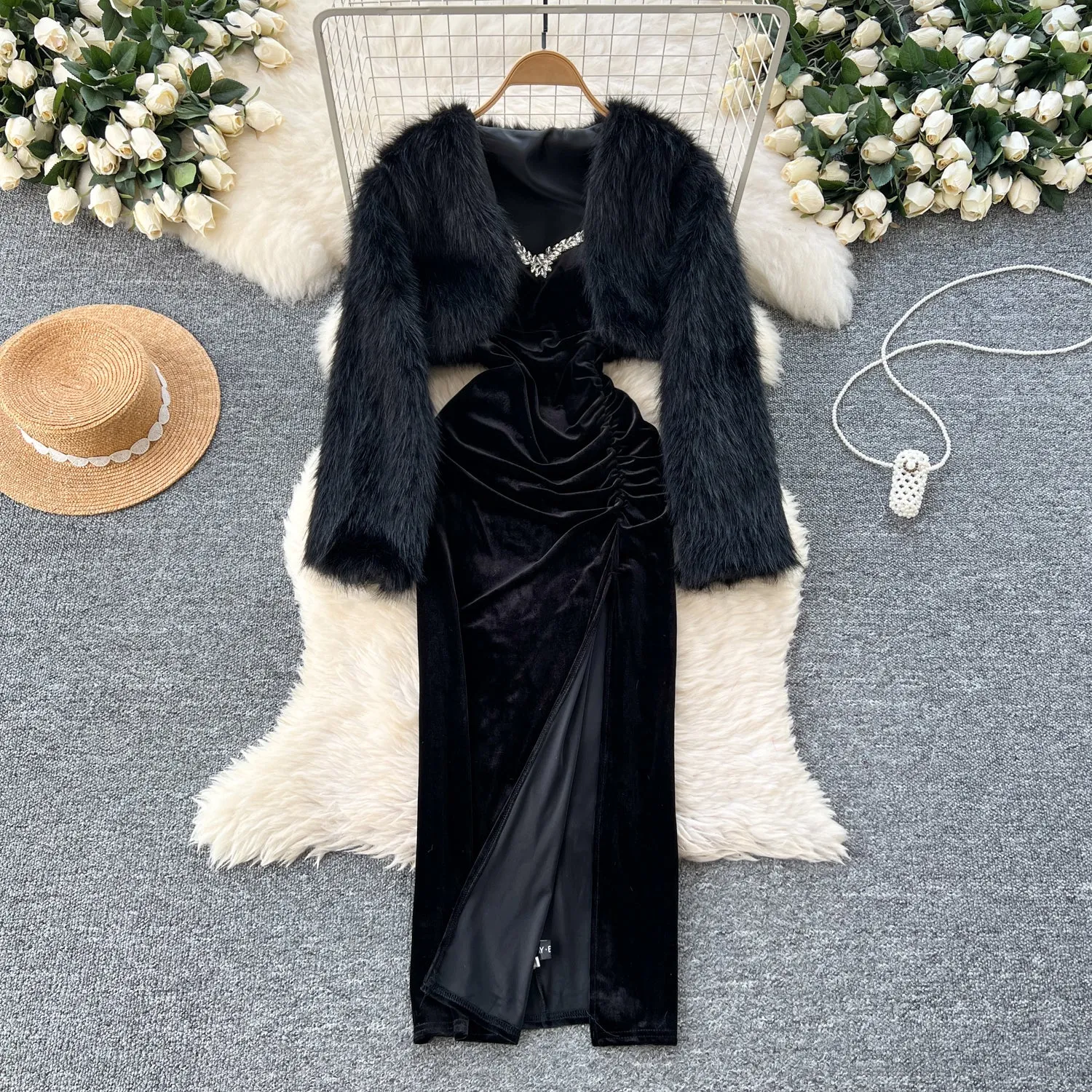 Beaded Velvet Dress&Furry Shawl 2Pcs