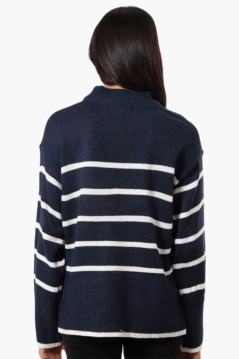 Beechers Brook Striped Side Slit Pullover Sweater - Navy