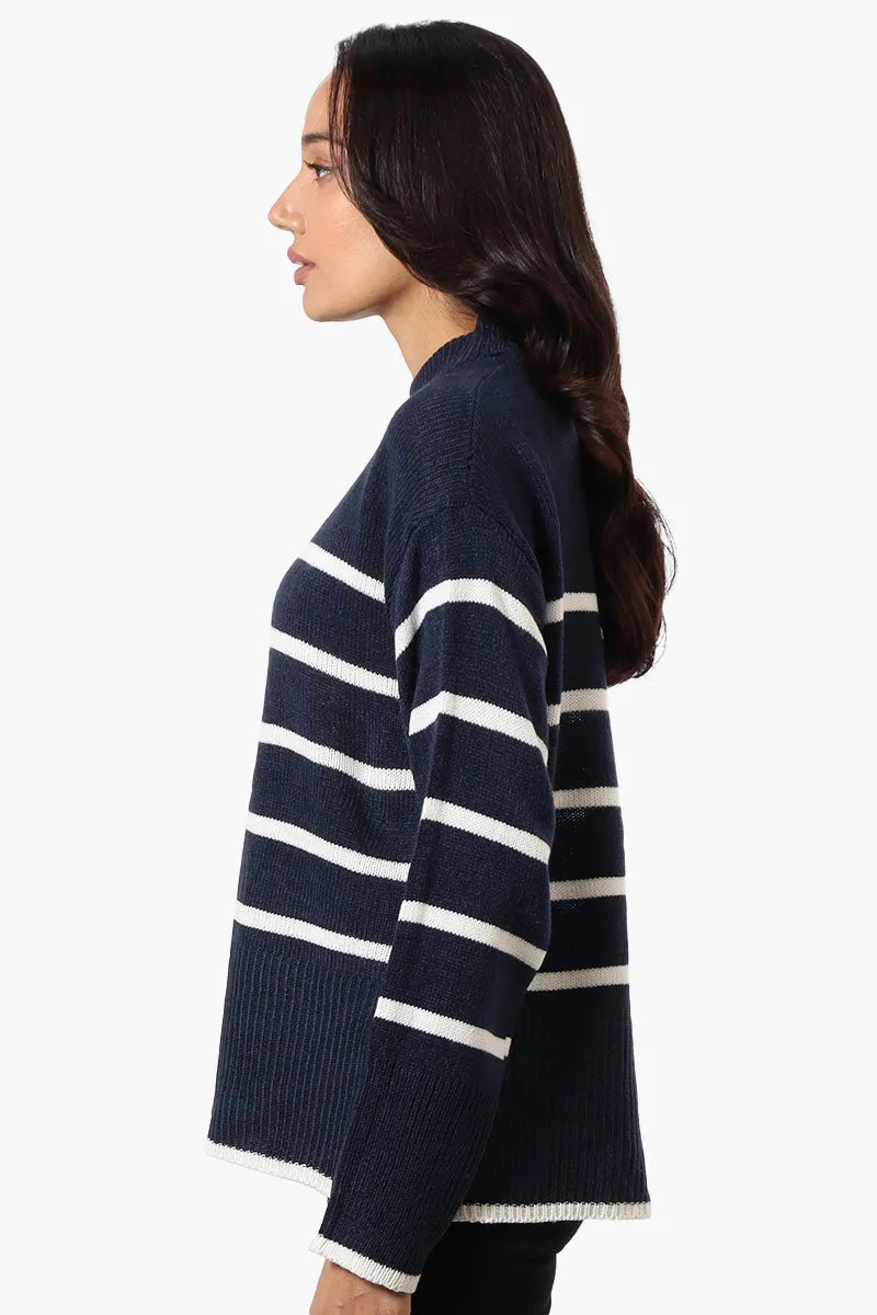 Beechers Brook Striped Side Slit Pullover Sweater - Navy