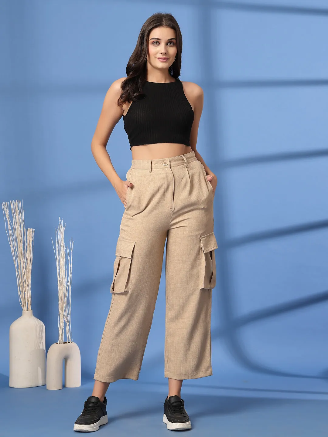 Beige Solid Pleated Trousers