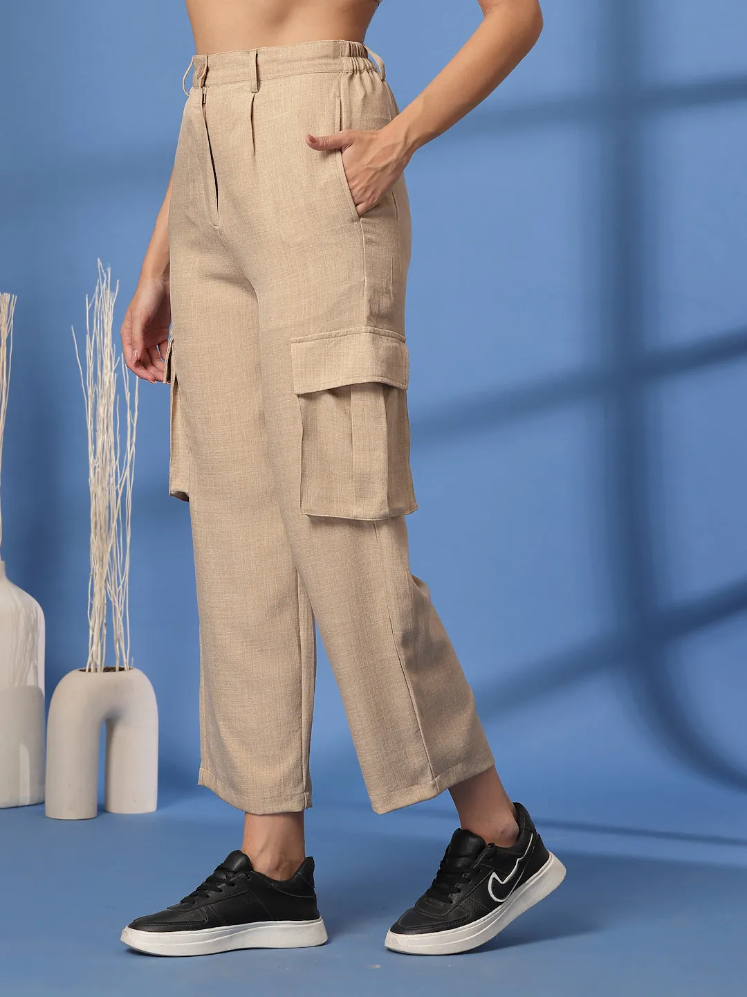 Beige Solid Pleated Trousers