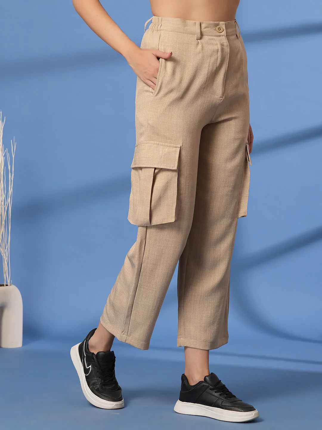 Beige Solid Pleated Trousers