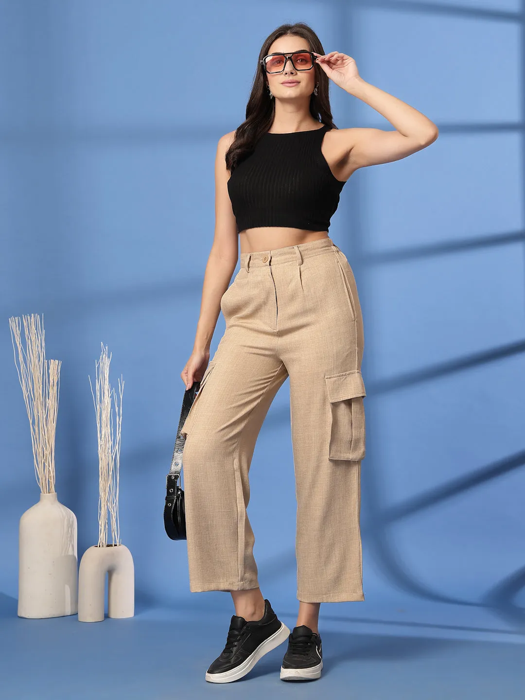 Beige Solid Pleated Trousers