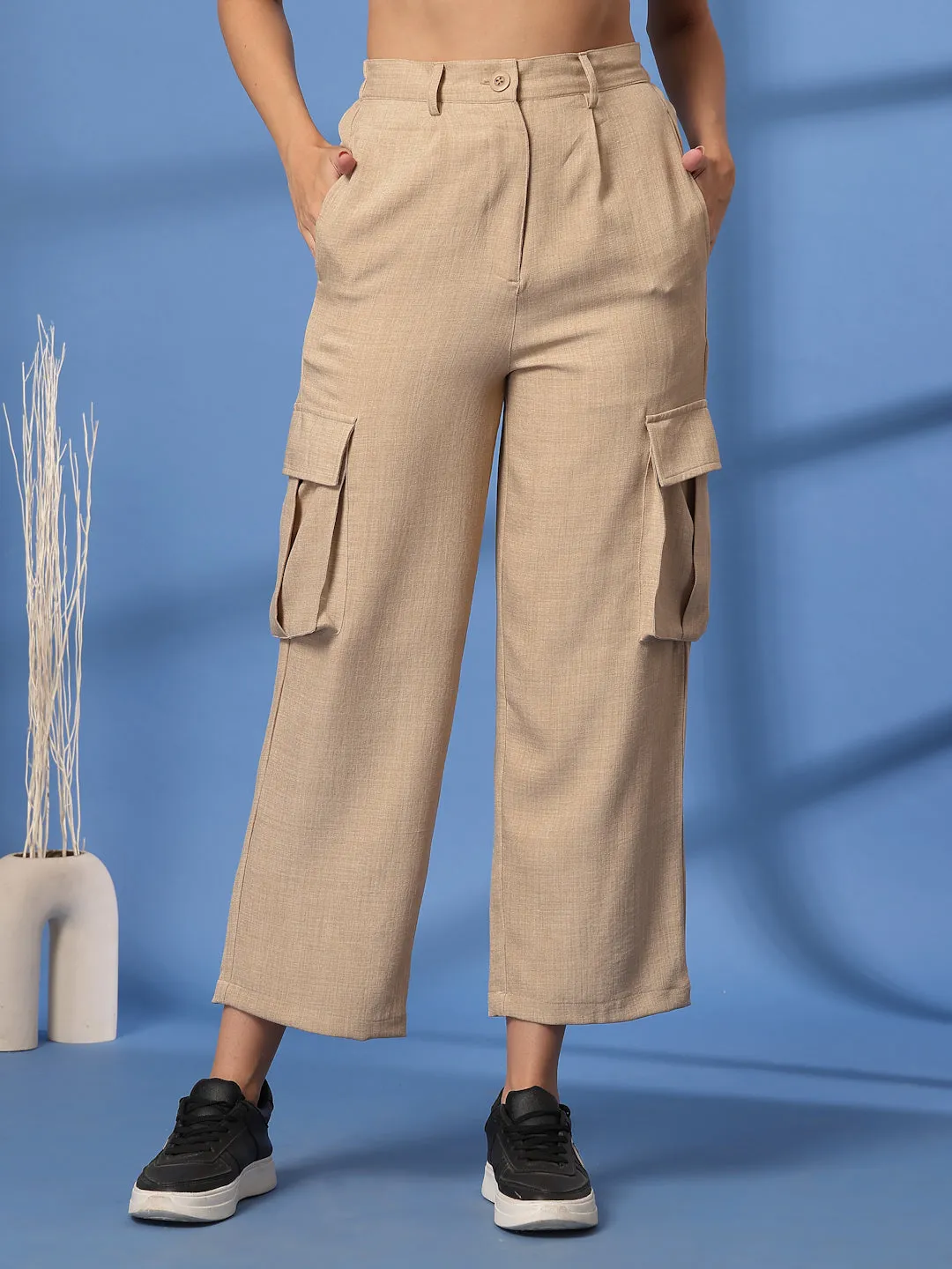 Beige Solid Pleated Trousers