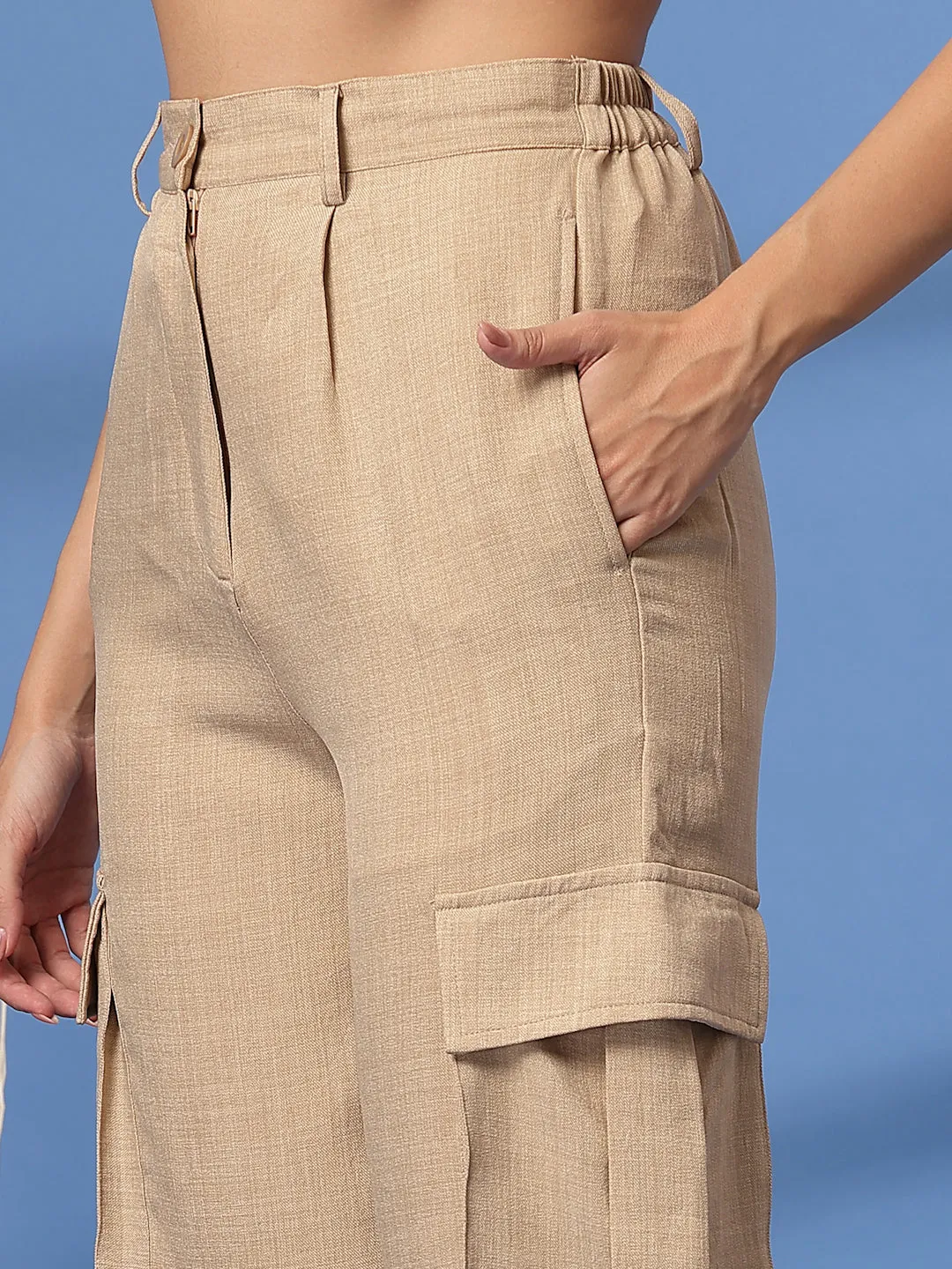 Beige Solid Pleated Trousers