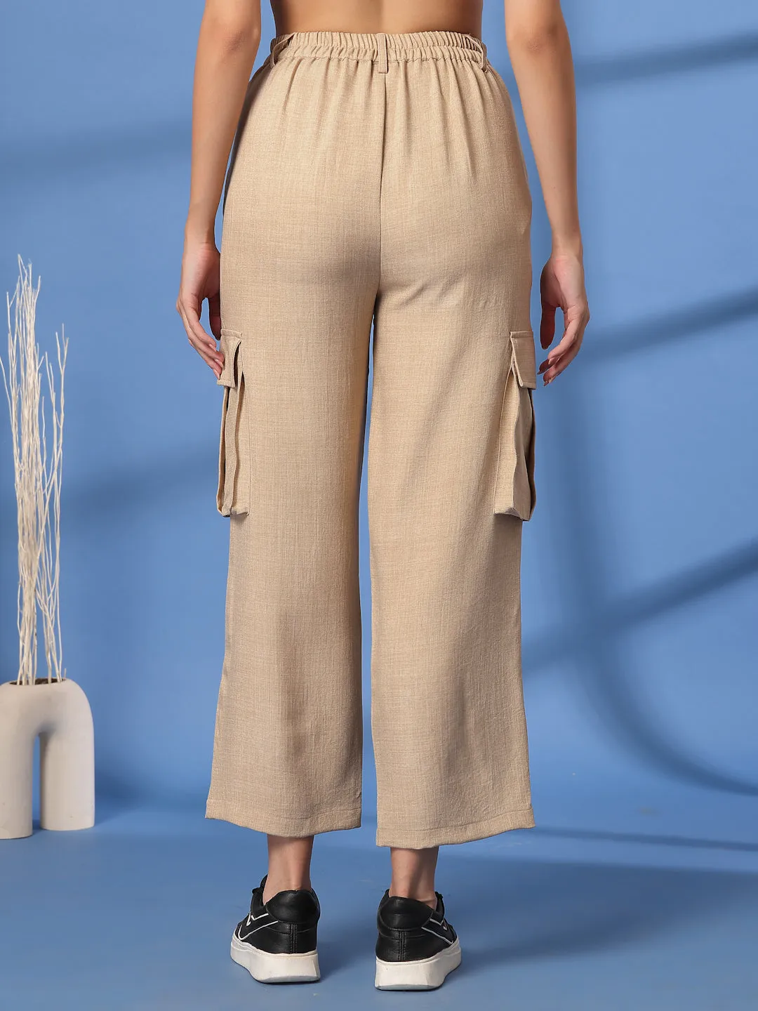 Beige Solid Pleated Trousers