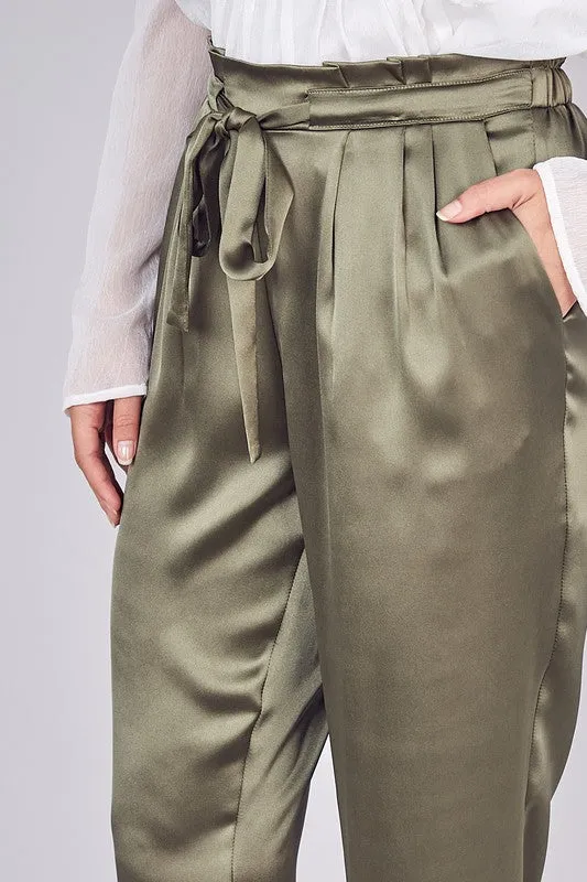 Belted Pleated Paper Bag Pants - Olive