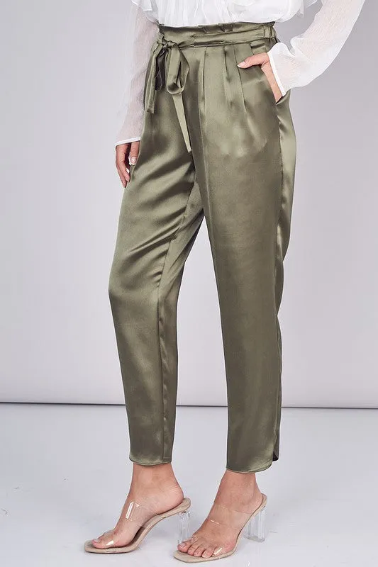 Belted Pleated Paper Bag Pants - Olive