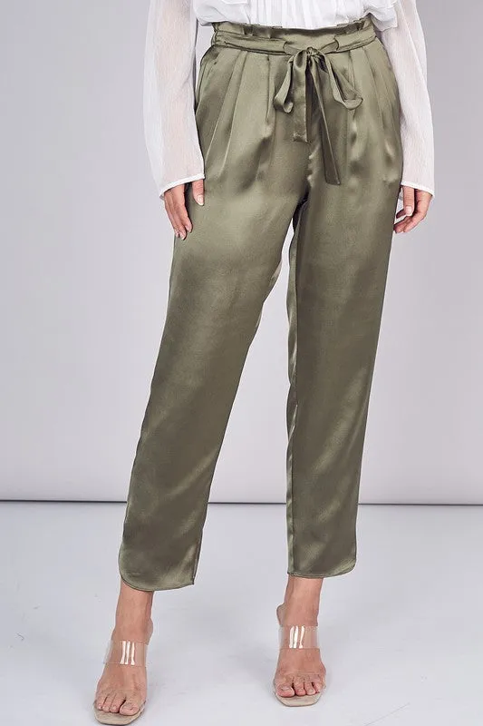 Belted Pleated Paper Bag Pants - Olive