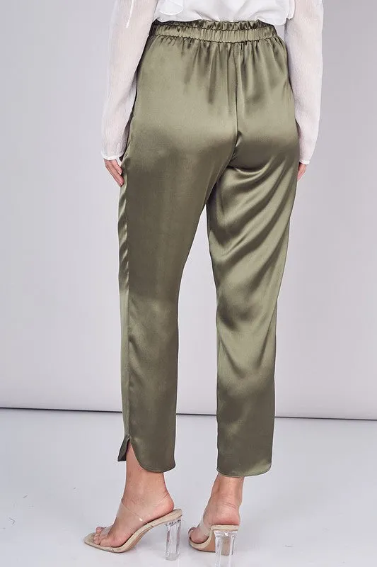 Belted Pleated Paper Bag Pants - Olive