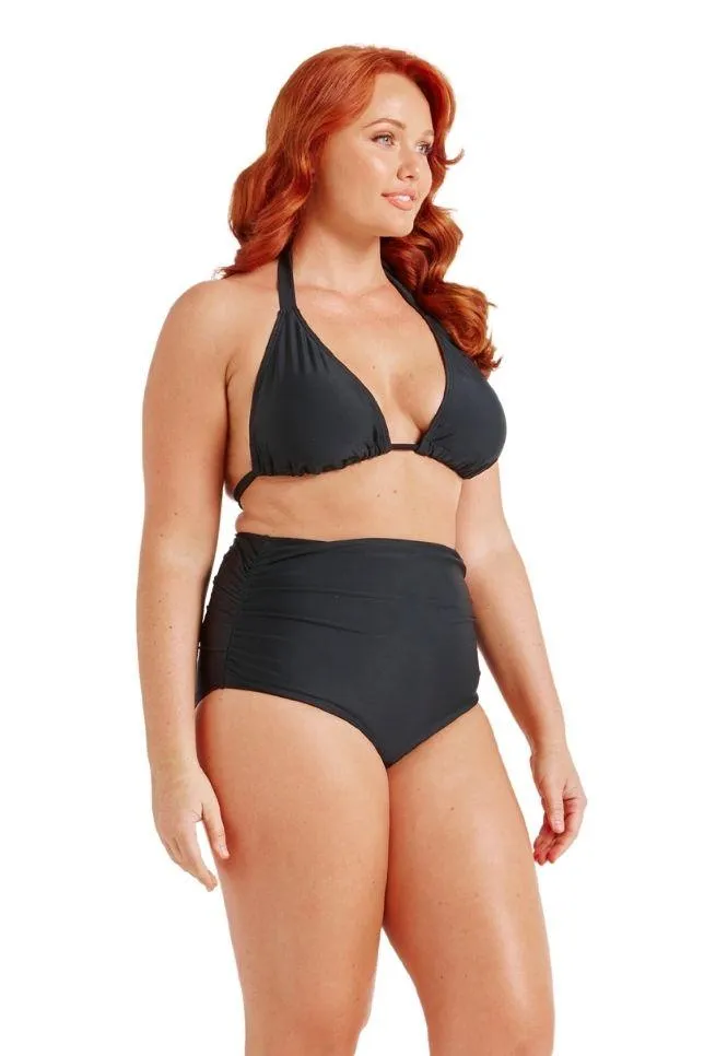 Black Extra Ruched High Waisted Belly Pant Bikini Bottoms