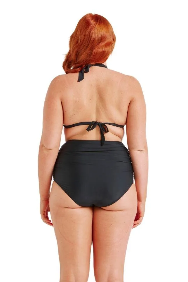 Black Extra Ruched High Waisted Belly Pant Bikini Bottoms