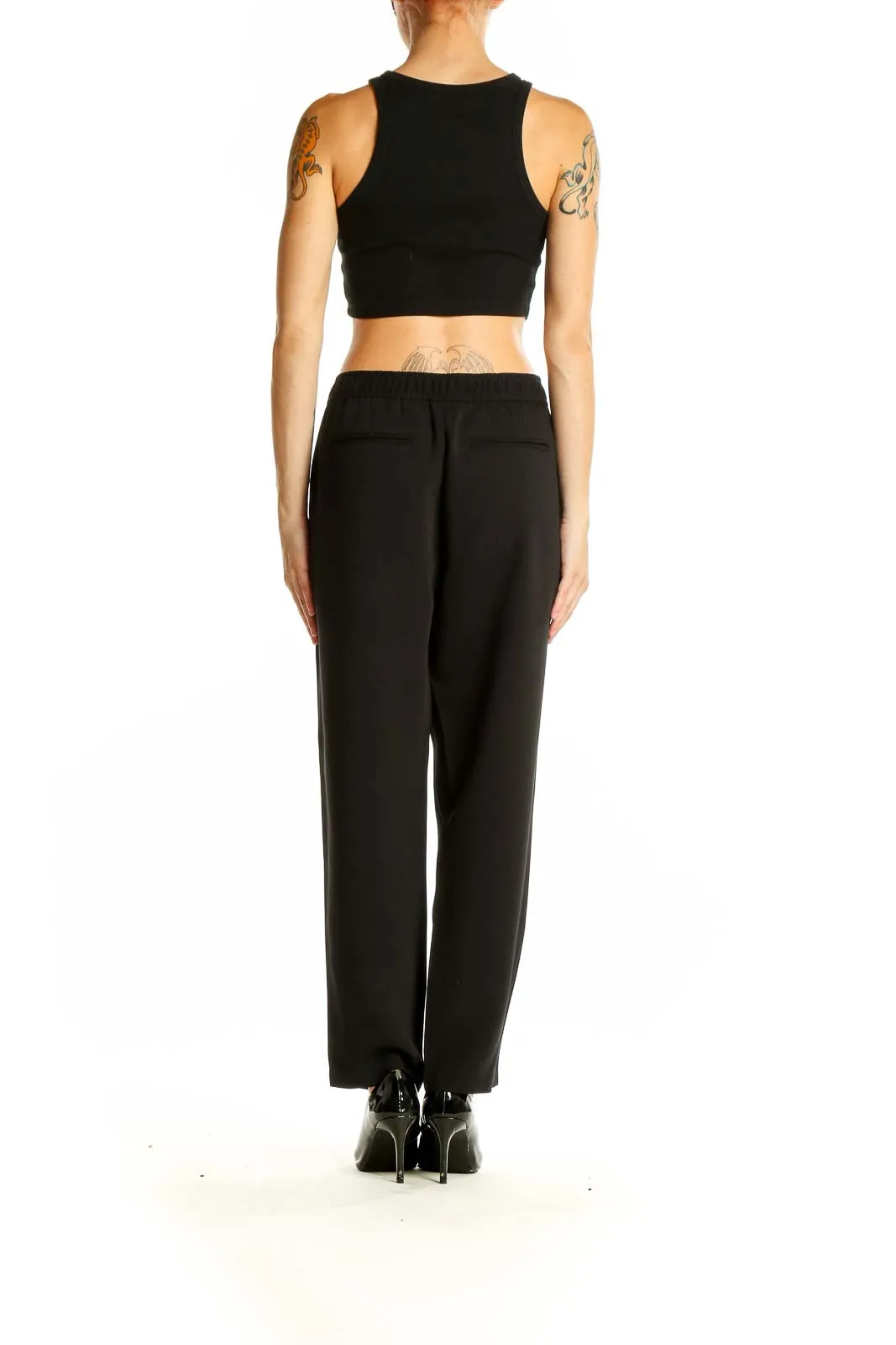 Black Polyester Pants with Side Stripe