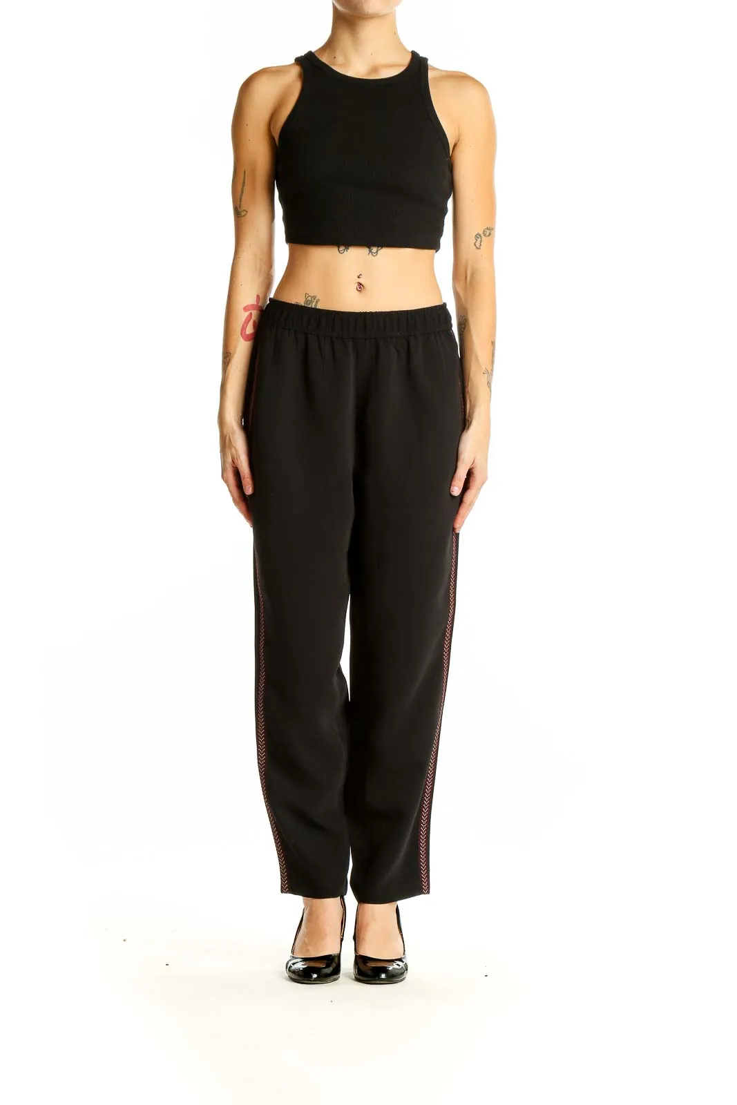 Black Polyester Pants with Side Stripe