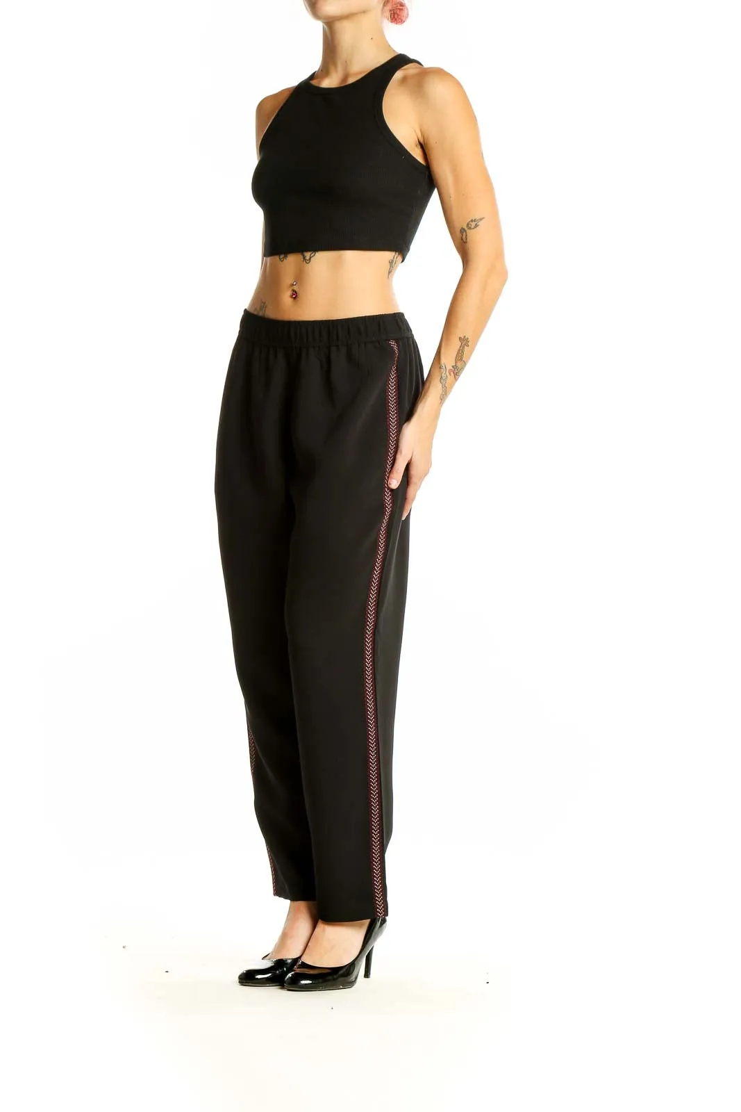 Black Polyester Pants with Side Stripe