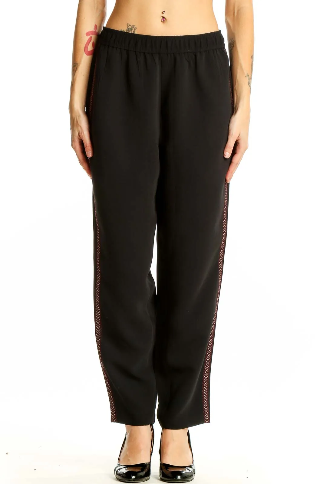 Black Polyester Pants with Side Stripe