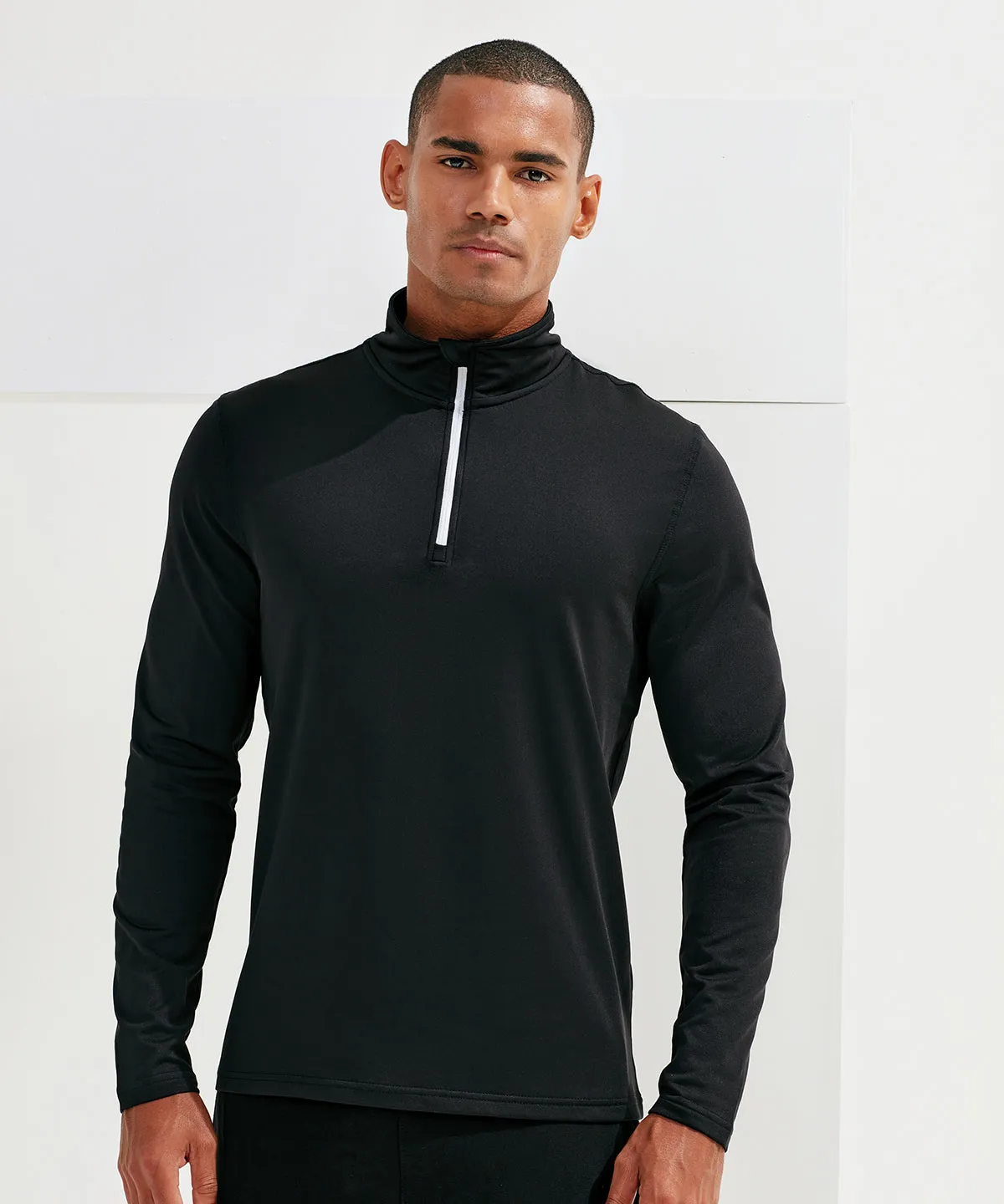 Black/White - TriDri® recycled long sleeve brushed back ¼ zip top