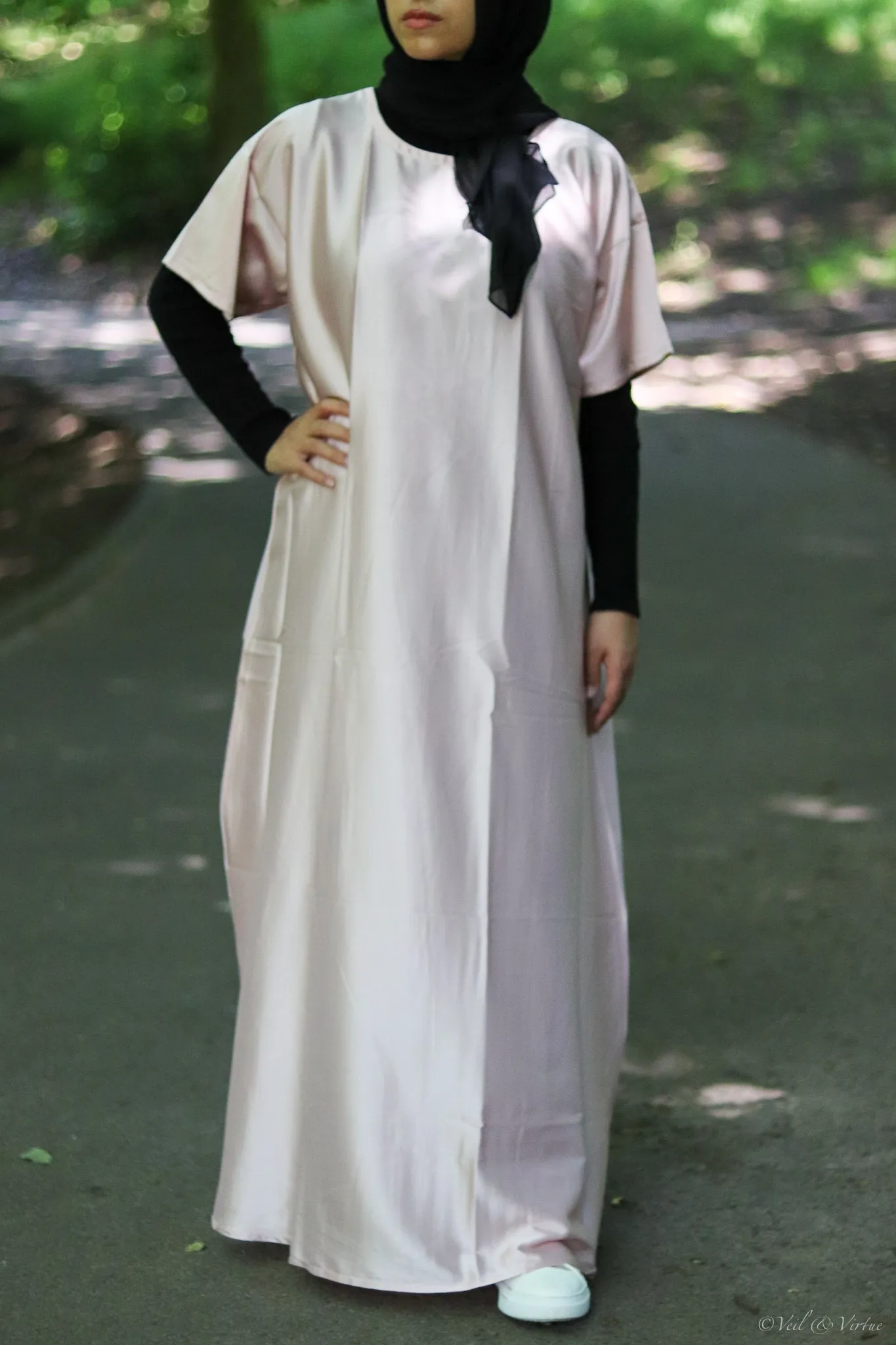 Blush Short-Sleeved Satin Abaya Slip Dress