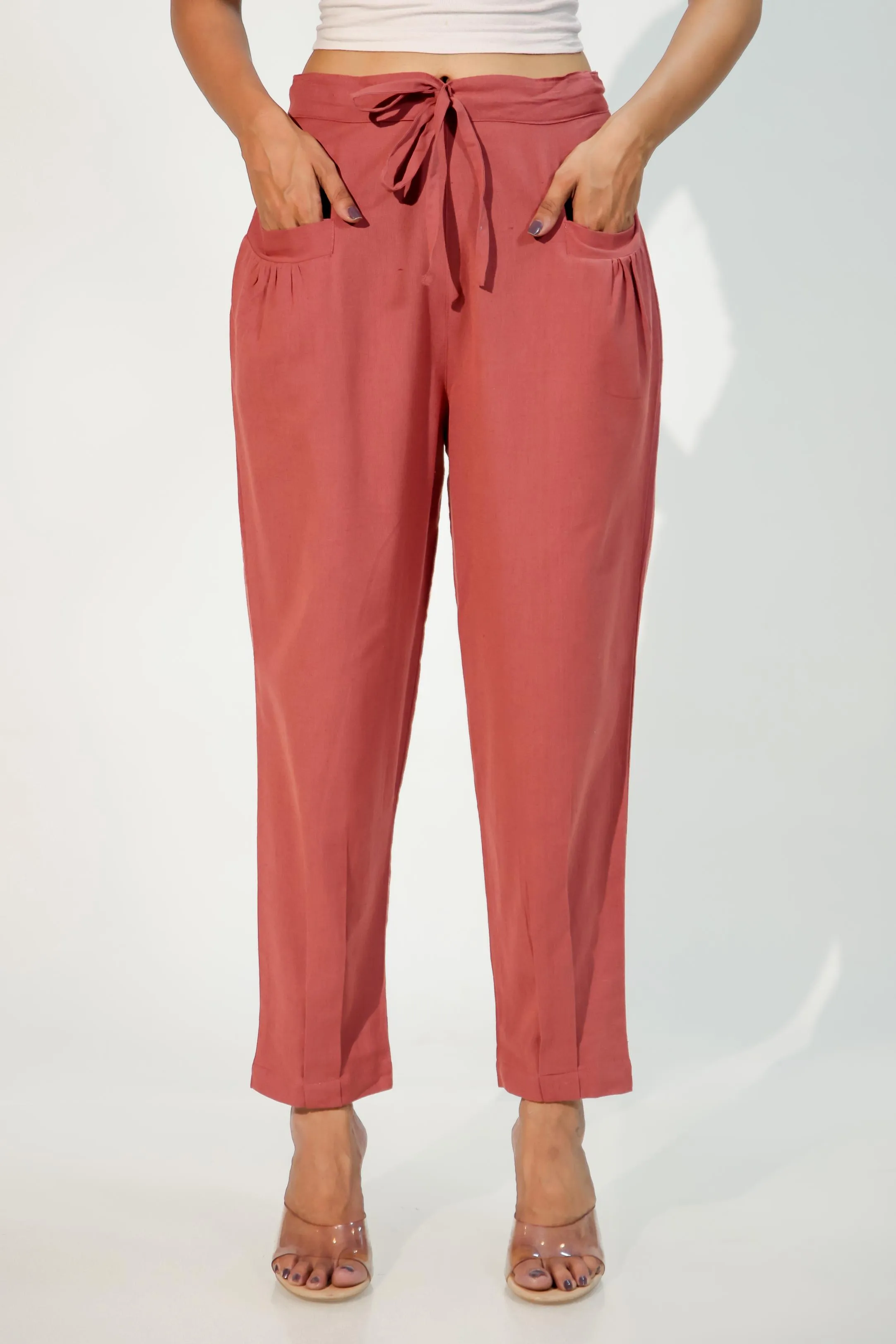 Carnation Red Women's Pleated-Narrow Trousers