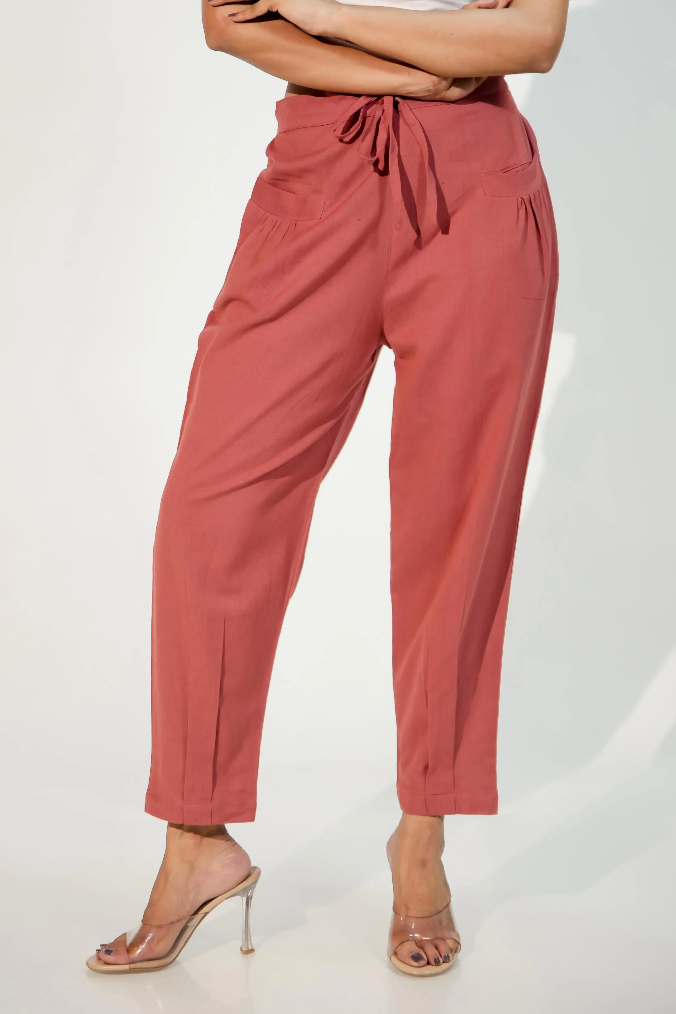 Carnation Red Women's Pleated-Narrow Trousers