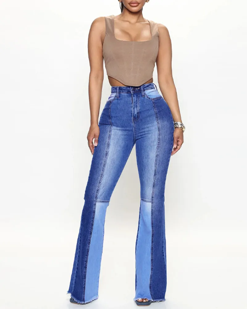 Color-Blocked High-Rise Fared Jeans