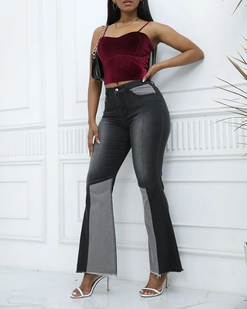 Color-Blocked High-Rise Fared Jeans