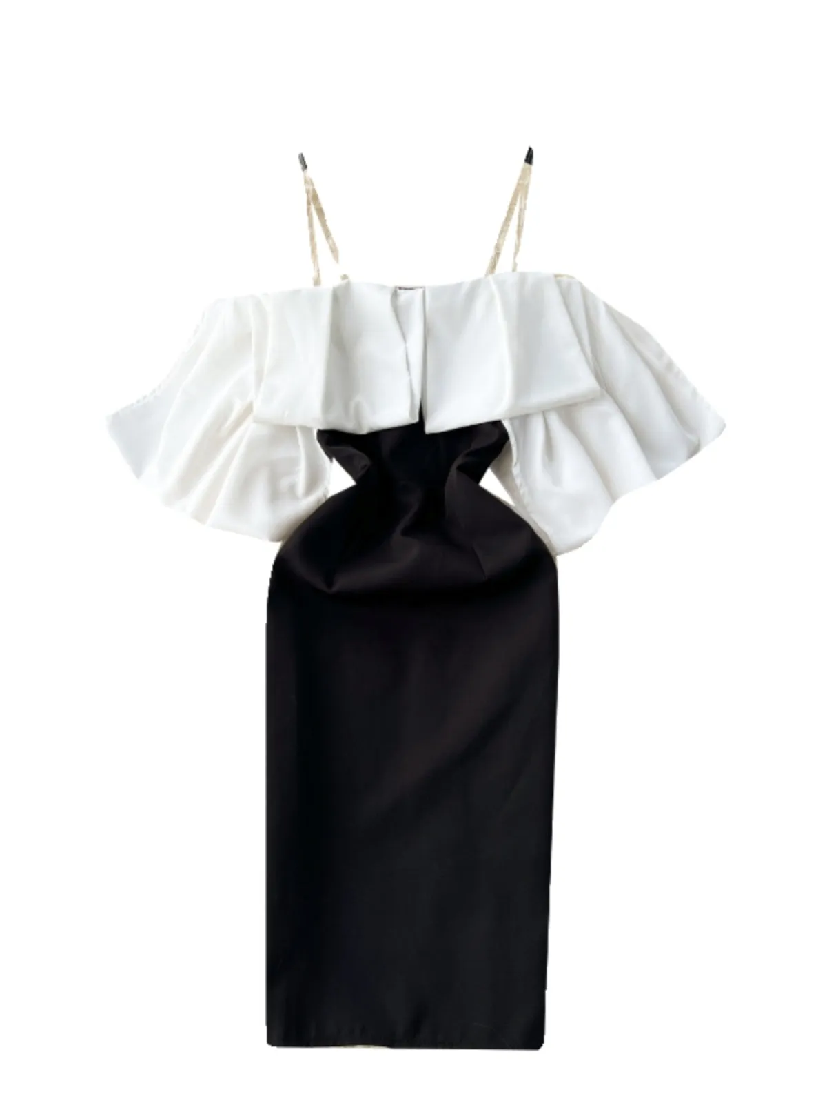 Color Blocking Ruffled Black Dress