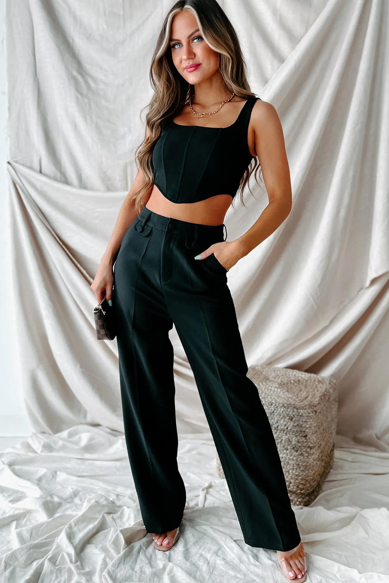 Crunching Numbers High Waisted Straight Leg Pants (Black)