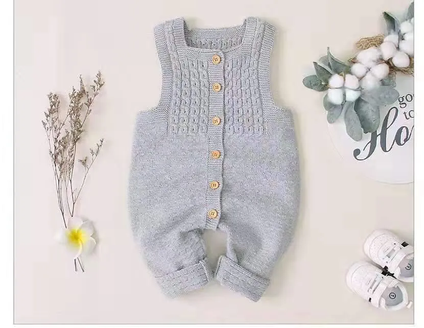 Cute Baby Solid Color Front Button Knitted Overall