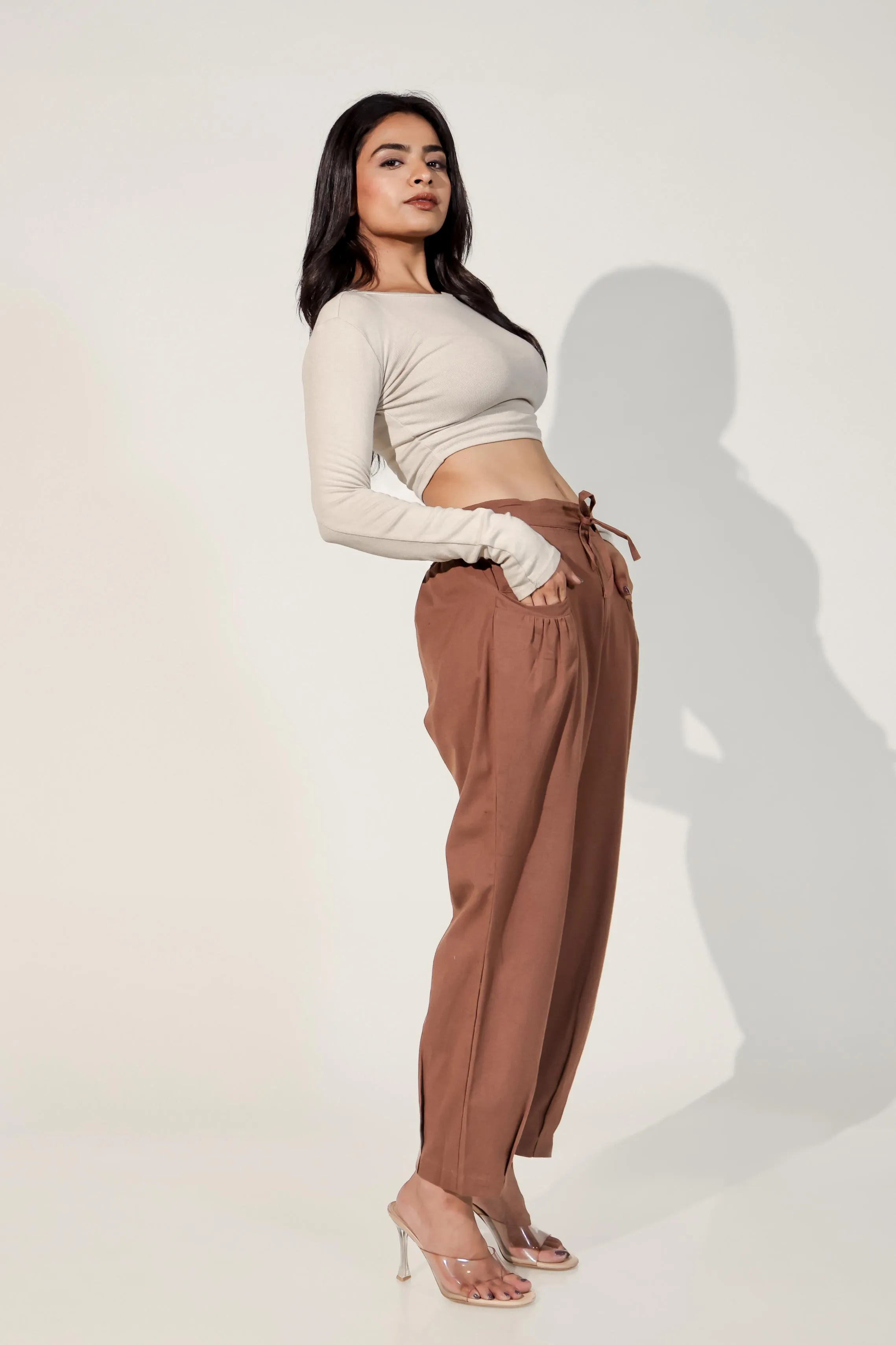 Dark Brown Women's Pleated-Narrow Trousers