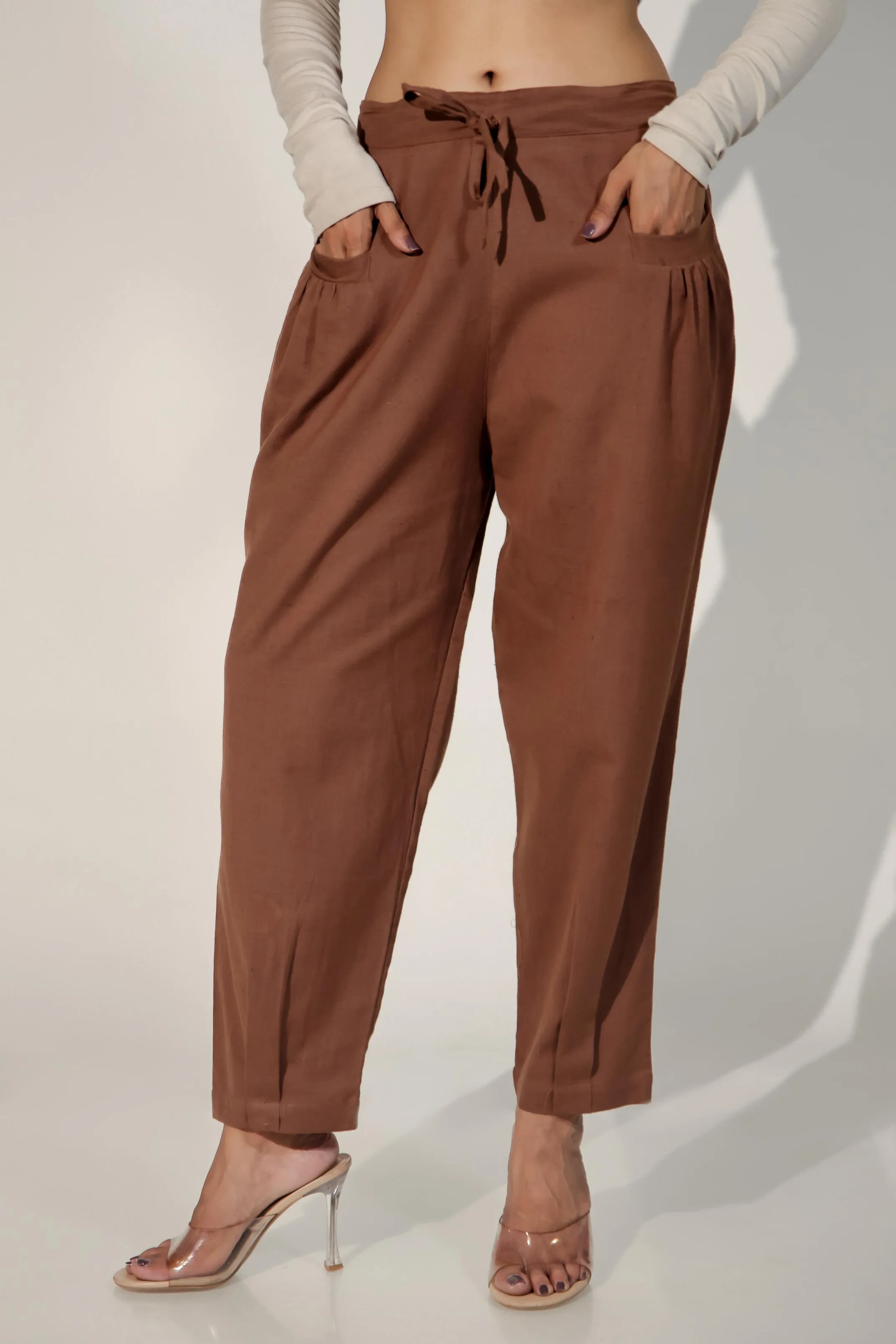 Dark Brown Women's Pleated-Narrow Trousers