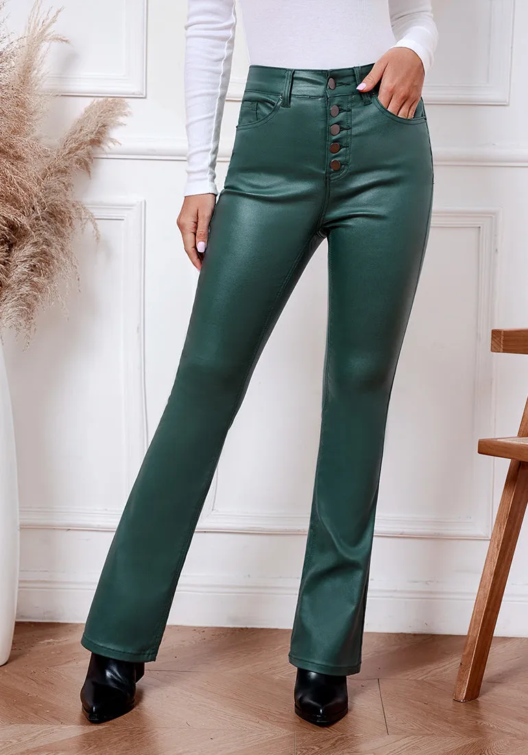 Dark Green Women's Bell Bottom High Waisted Faux Leather Pants Flare Pants