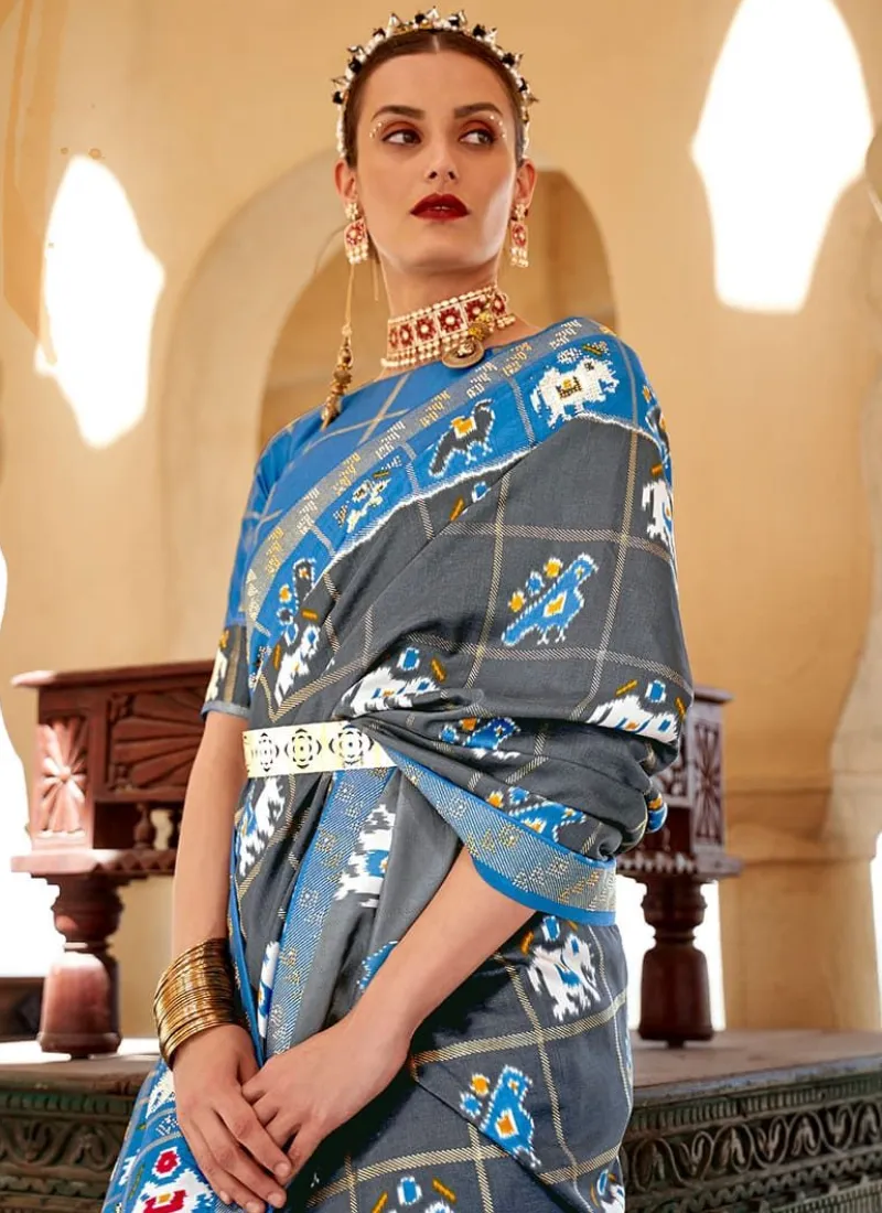 Designer Swarovski Work Silk Grey Patola Print Saree And Blouse