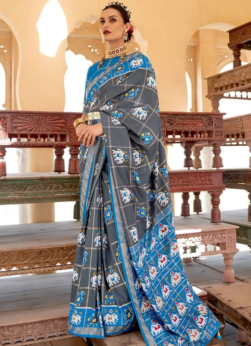 Designer Swarovski Work Silk Grey Patola Print Saree And Blouse