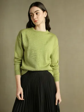 DL Woman Round Neck Green Black Full Sleeves Pullover Sweater