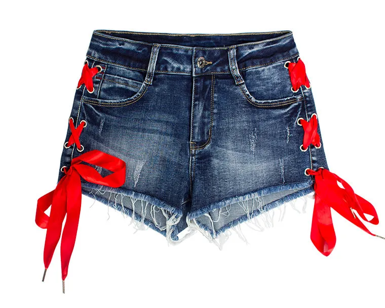 Double-side Lace Up High Waist Denim Shorts