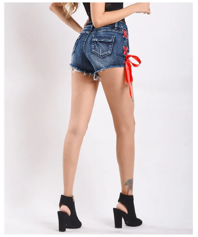 Double-side Lace Up High Waist Denim Shorts