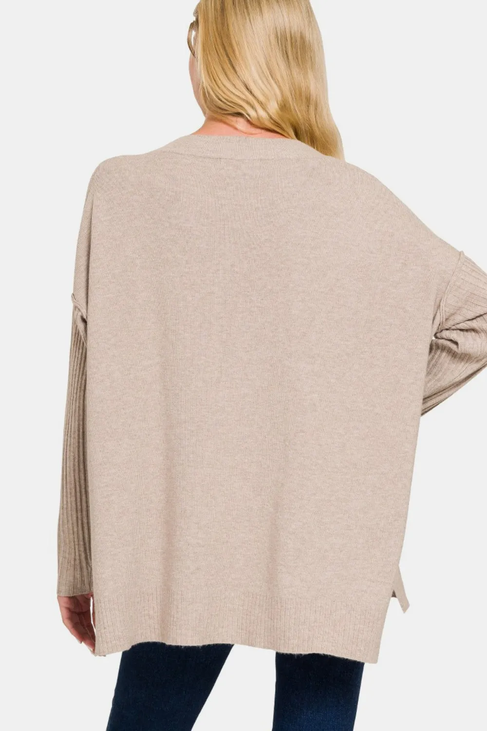 Explore More Collection - Zenana V-Neck Side Slit High-Low Sweater