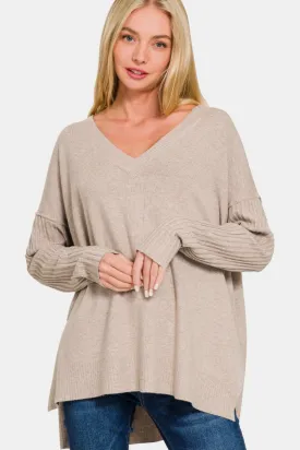 Explore More Collection - Zenana V-Neck Side Slit High-Low Sweater