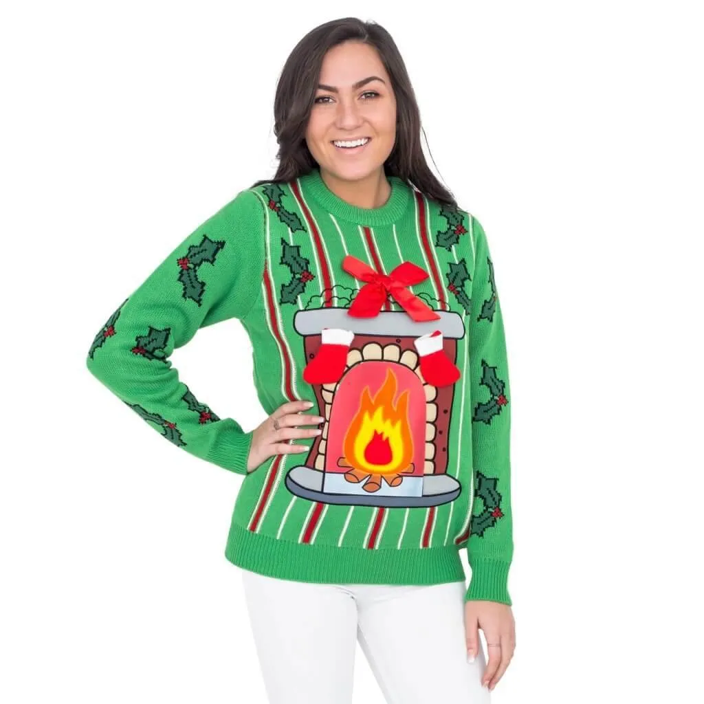 Fireplace LED Light Up Green Ugly Christmas Sweater