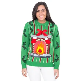 Fireplace LED Light Up Green Ugly Christmas Sweater