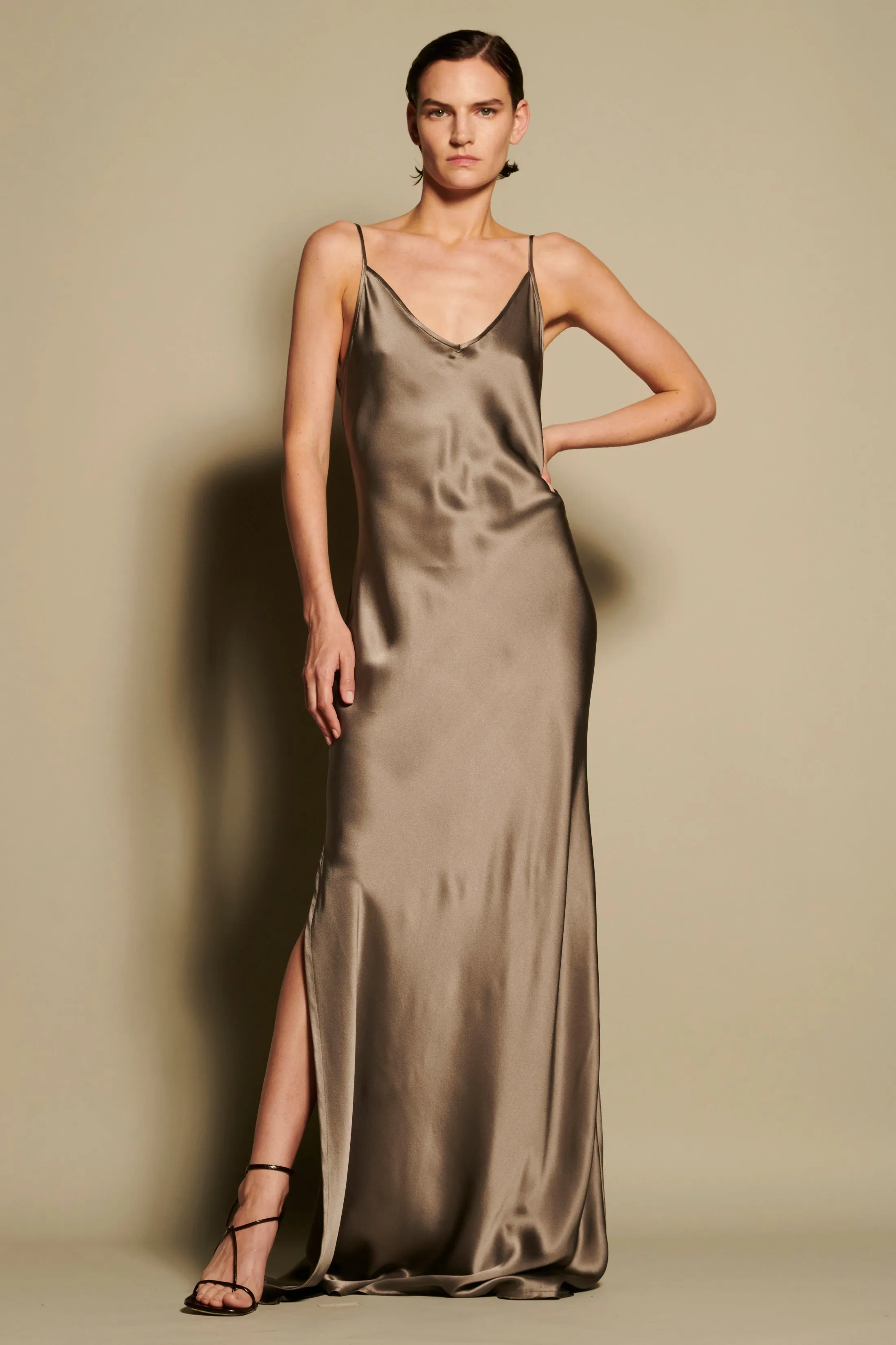 Full Length Slip Dress with Slit - Ash