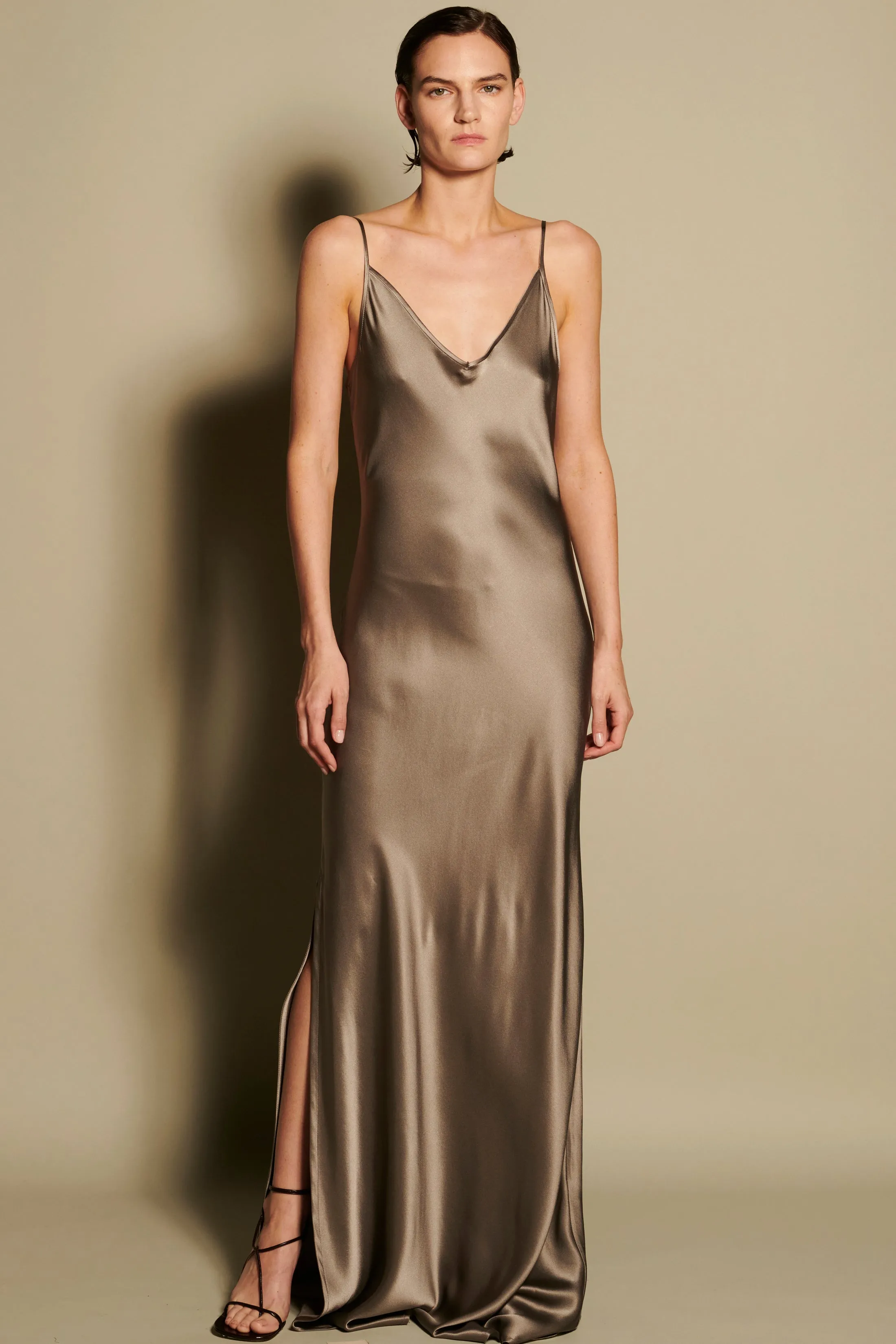 Full Length Slip Dress with Slit - Ash