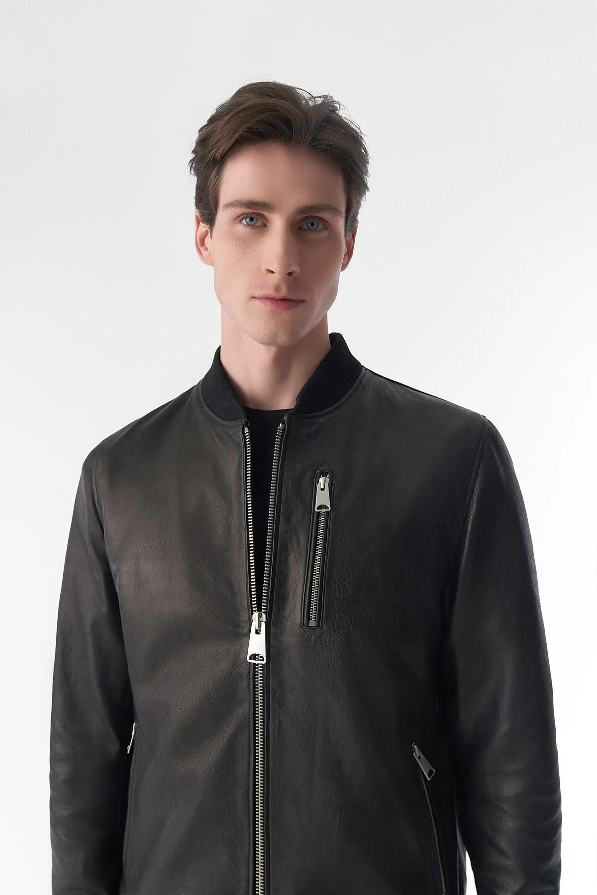 Genuine Leather Bomber Jacket, Natural Grain Black