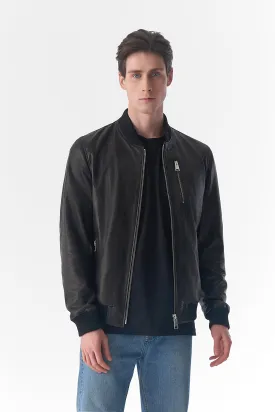 Genuine Leather Bomber Jacket, Natural Grain Black